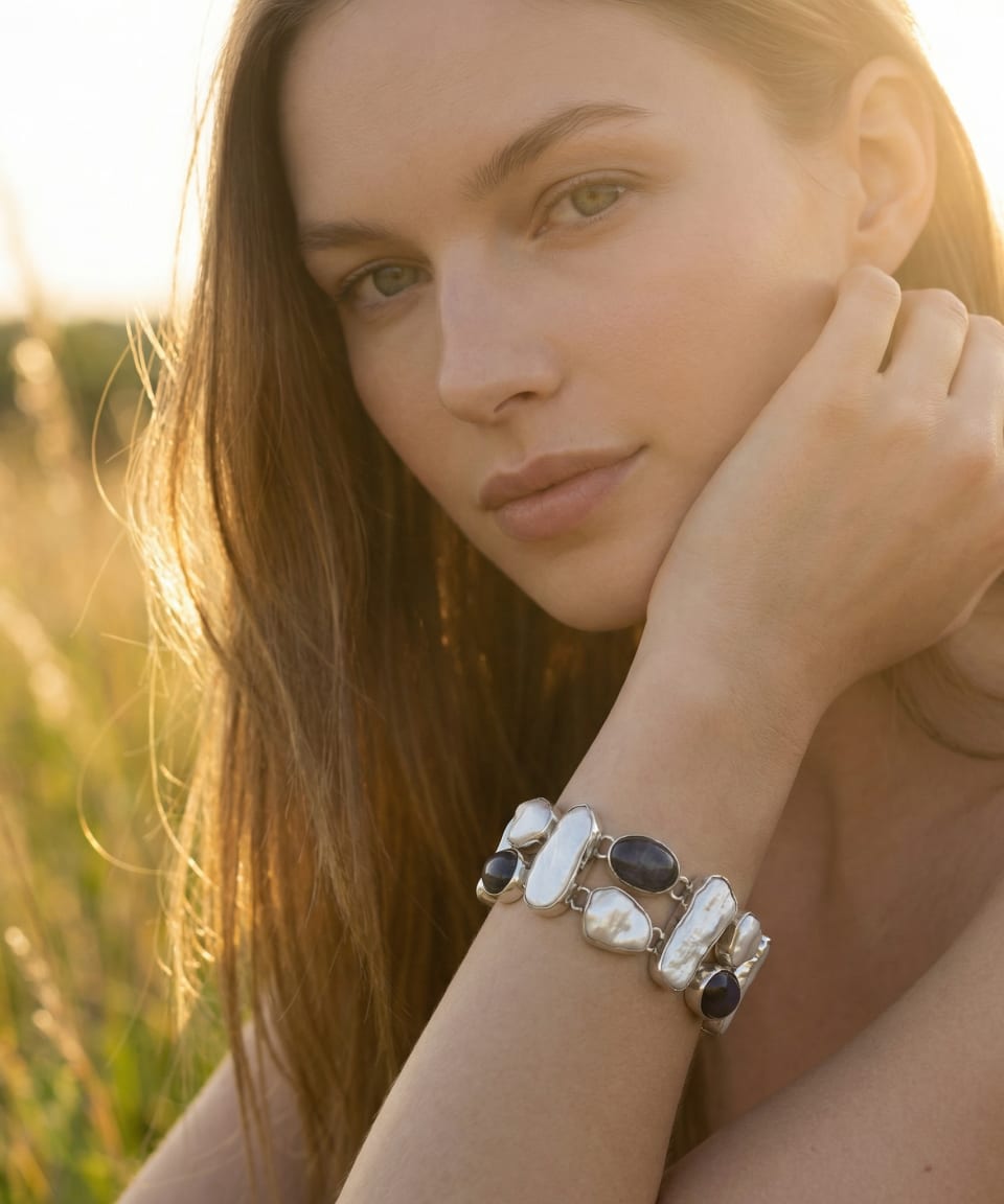 Model wearing the Signature Biwa Pearl and Kyanite bracelet, showing alternating Biwa pearls and bezel-set blue kyanite cabochons joined by short silver links