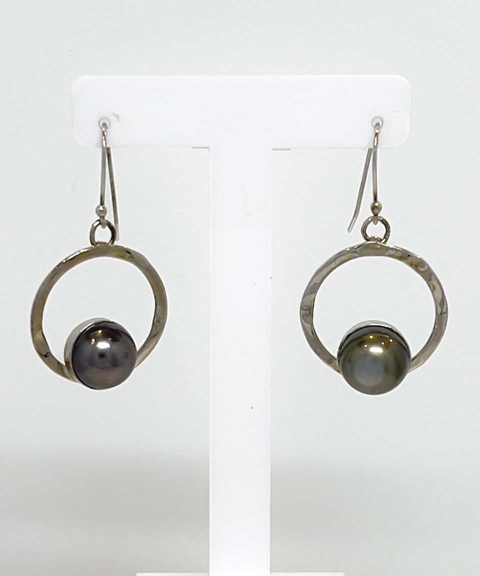 Classic round Tahitian pearl silver loop drop earrings