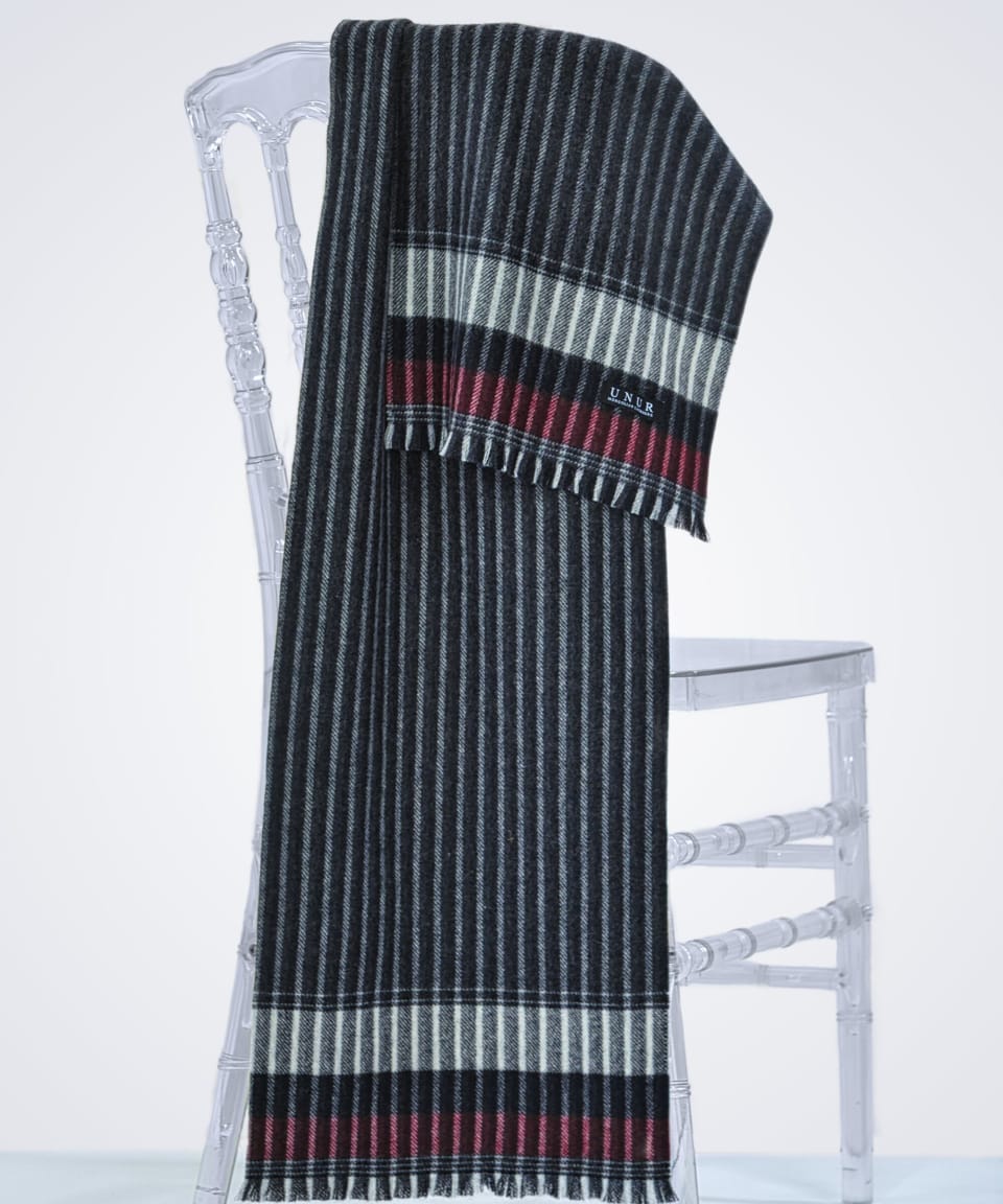 Men's soft cashmere pinstriped scarf, draped view