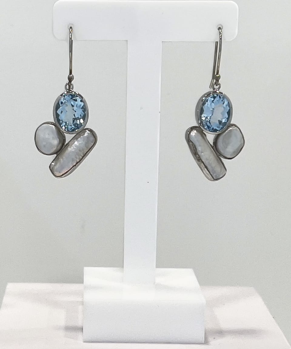 Signature Keshi pearl and topaz drop earrings with silver tile lattice