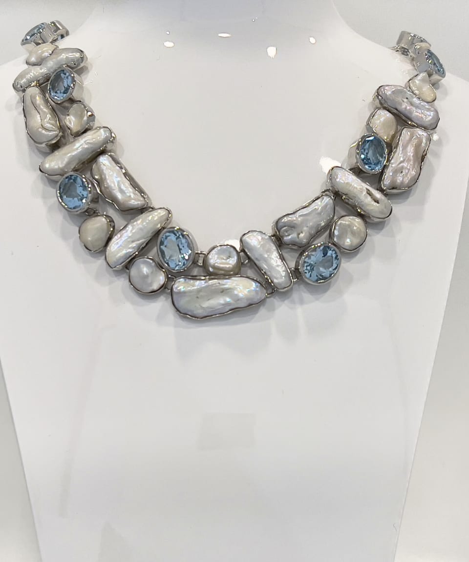 Signature keshi pearl and topaz statement chain necklace in tiled pattern
