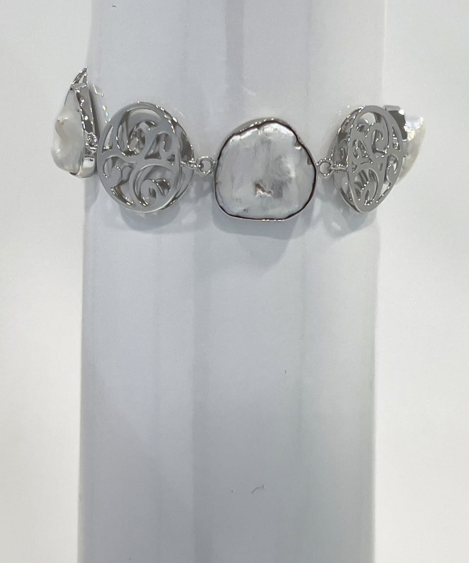 Signature keshi pearl statement chain bracelet with silver round charms
