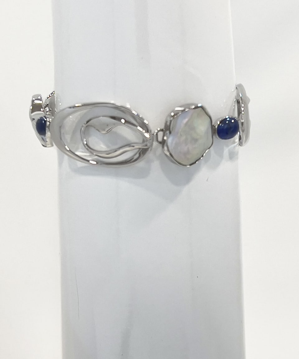 Signature keshi pearl with silver ovals and kyanite statement bracelet