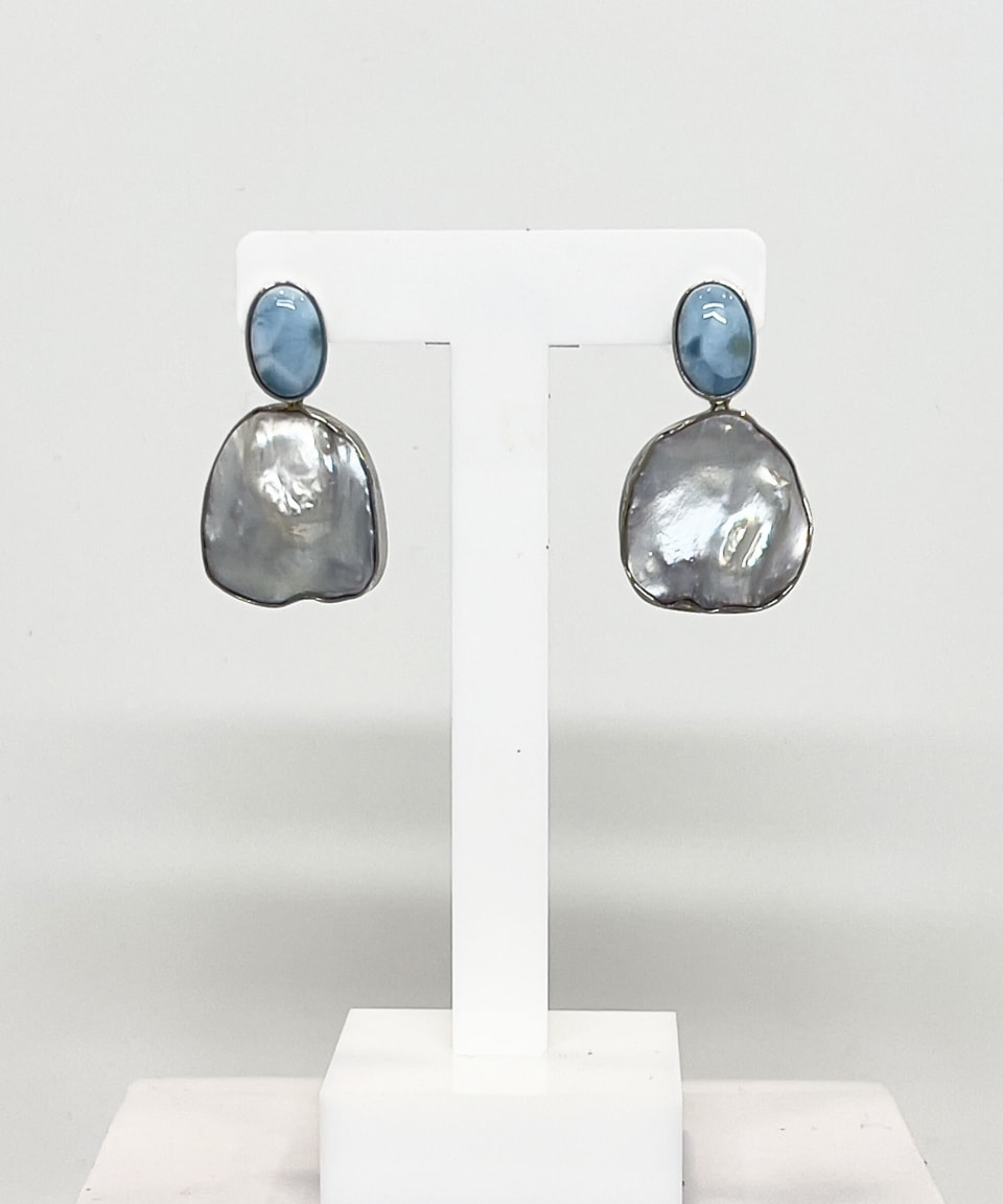 Signature Larimar stud Keshi pearl drop earrings in rhodium-plated 925 sterling silver