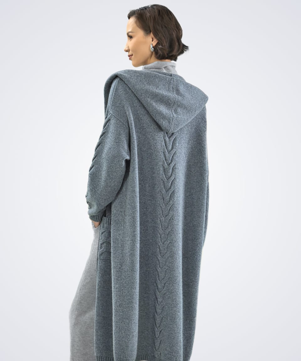 Back view of women's dark grey cashmere cable knit cardigan pockets – Unur