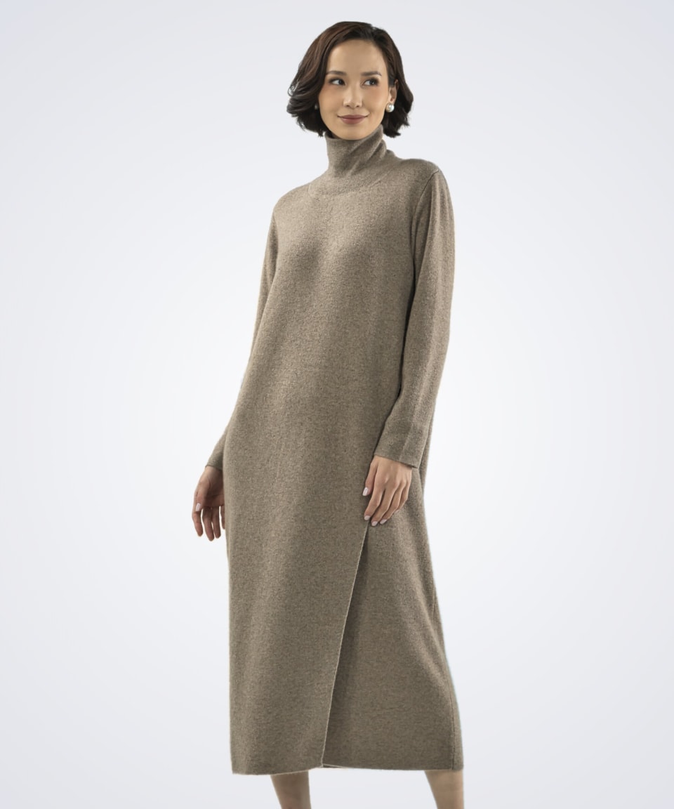 Front view of women's natural brown cashmere dress – Unur