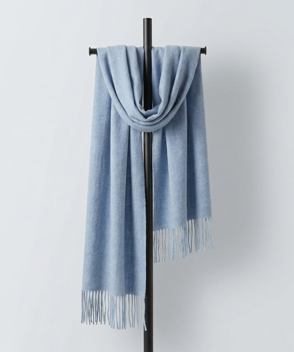 Pale blue Mongolian cashmere scarf with tasselled fringe by Unur