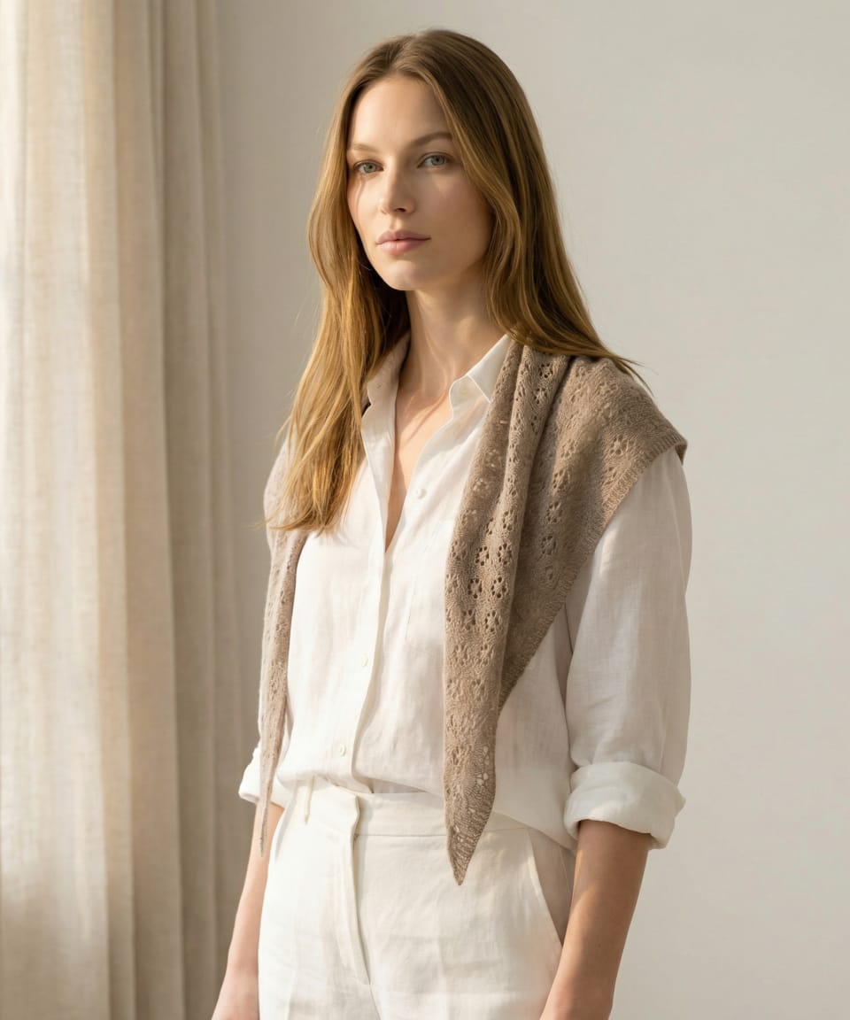 Women's patterned cashmere neck tie scarf in natural brown on model