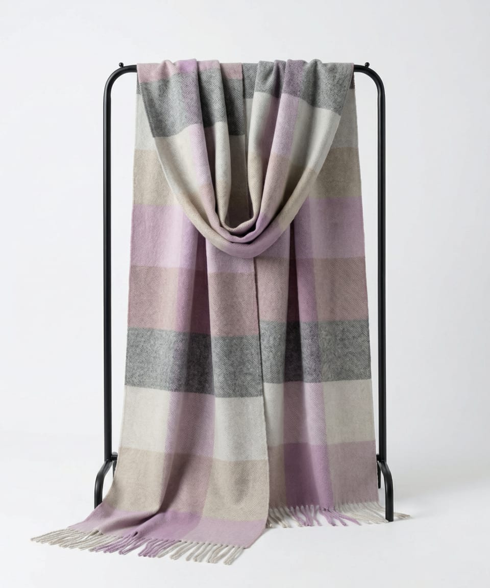 Unisex woven cashmere scarf in check pink, draped over a hanger