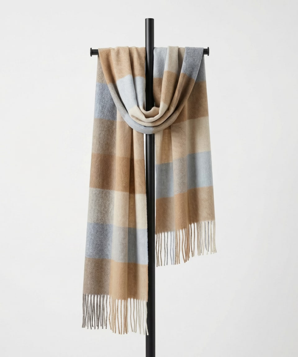 Check brown unisex woven cashmere scarf with tassels, draped over a metal hanger