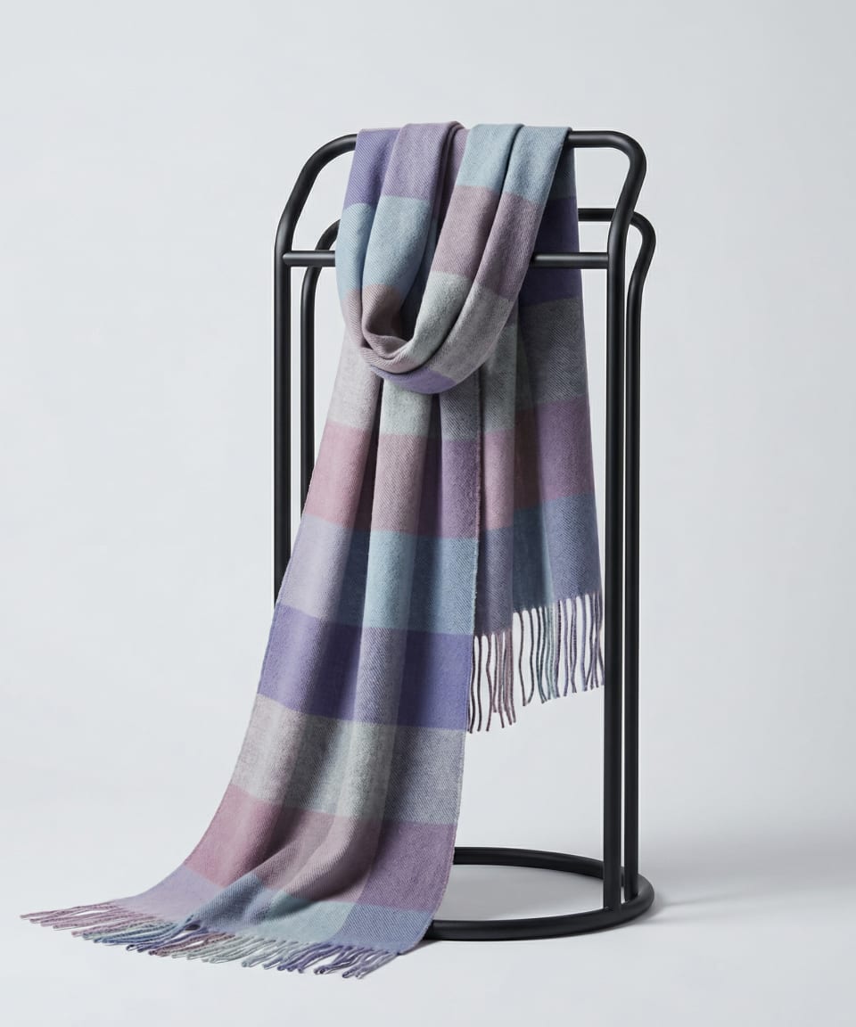 Purple, blue and grey check Mongolian cashmere scarf with tassel fringe, draped on a black studio stand