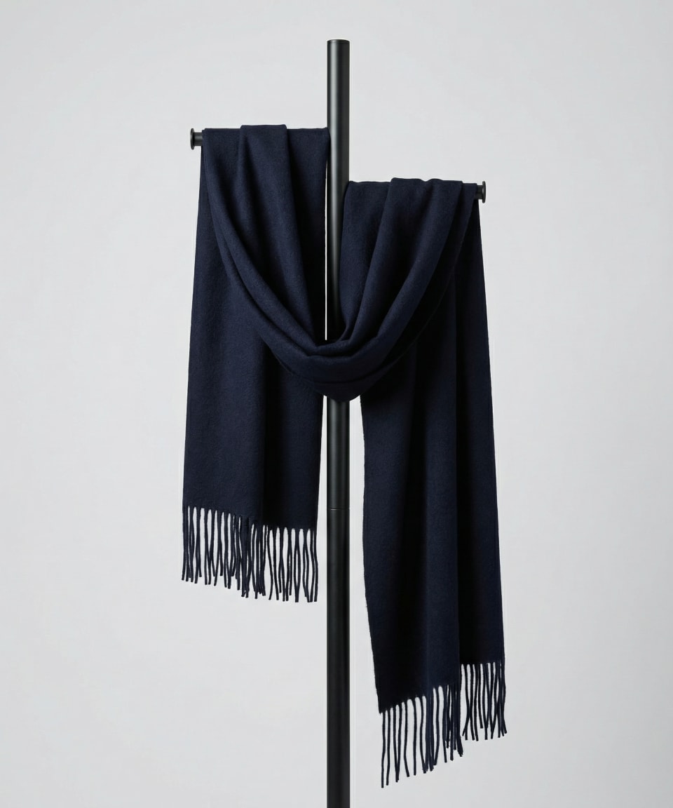 Unisex woven cashmere scarf in navy blue with tassel fringe, draped over a display rod against a white background