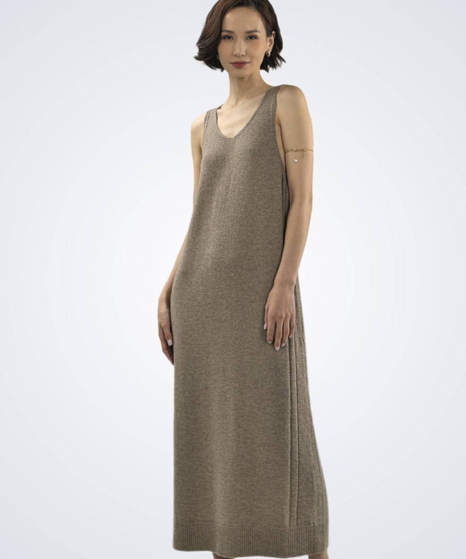Front view of women's natural brown cashmere V-neck midi dress – Unur