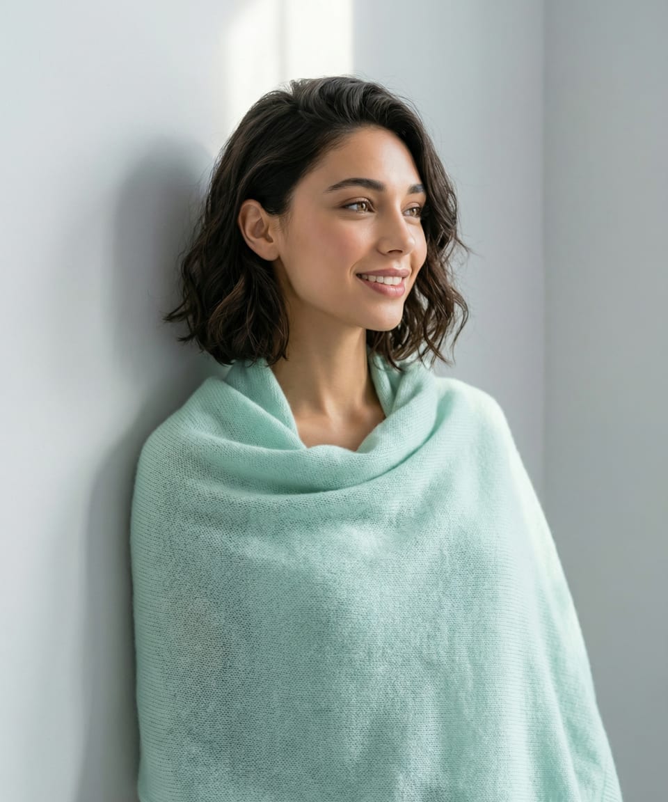 Women's lightweight knitted cashmere shawl in mint green, front view