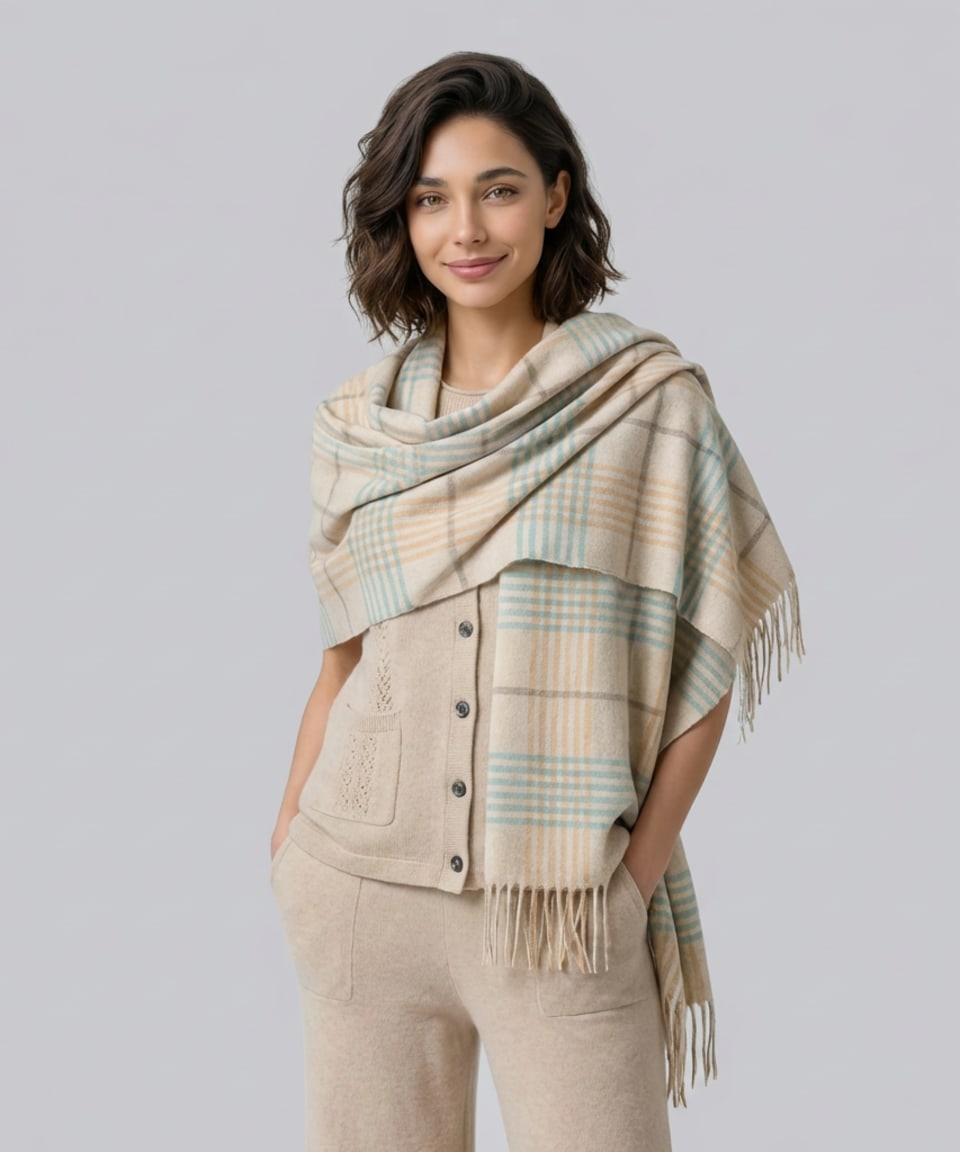 Unur women's cashmere plaid wrap shawl in tartan pattern with tasselled edges
