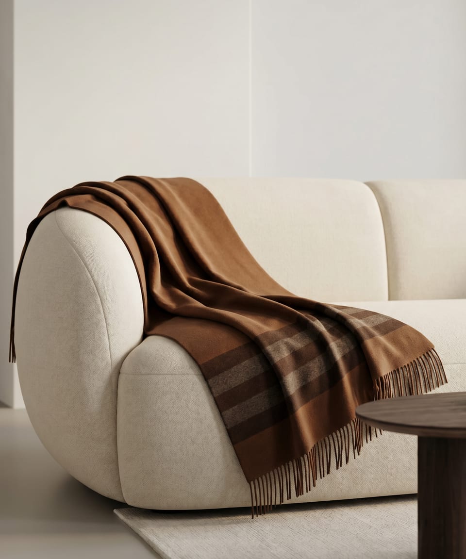 Warm brown cashmere throw draped over a cream curved sofa, showing the striped band detail at one end and long fringed tassels