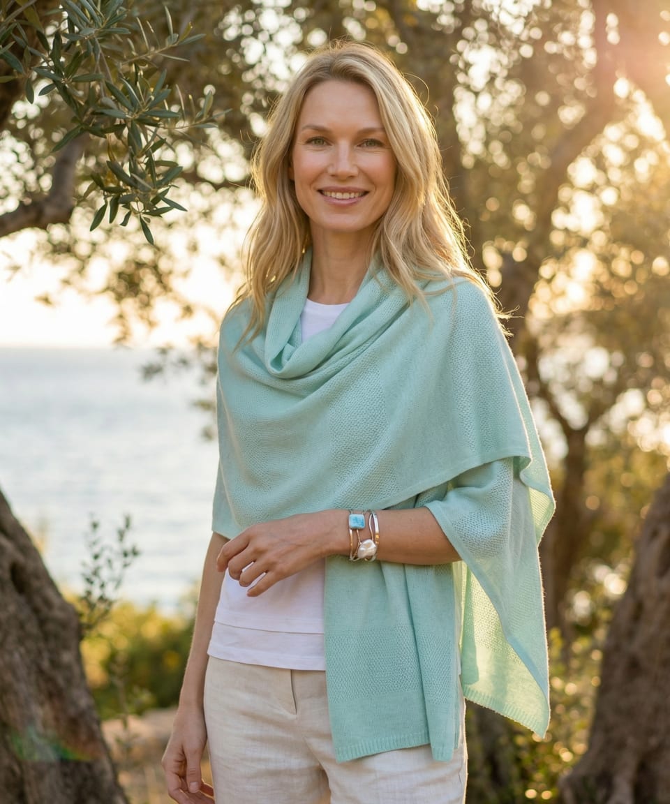 A lifestyle image of a model wearing a stack of silver-toned bangles, including one with a large white keshi pearl and another with a square light blue larimar stone. The jewellery is worn with a mint green cashmere wrap against a soft-focus background of coastal olive trees at sunset.