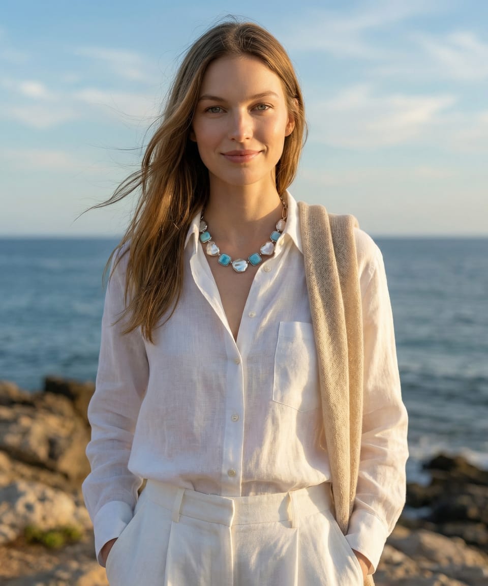 Model wearing the Keshi Pearl & Larimar statement necklace at the décolletage in coastal light.