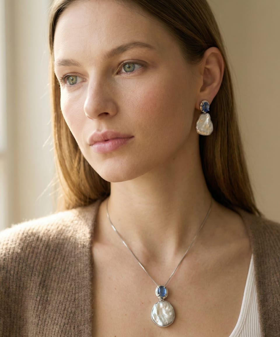 Model wearing the Silver Kyanite & Keshi Pearl pendant necklace at the décolletage.