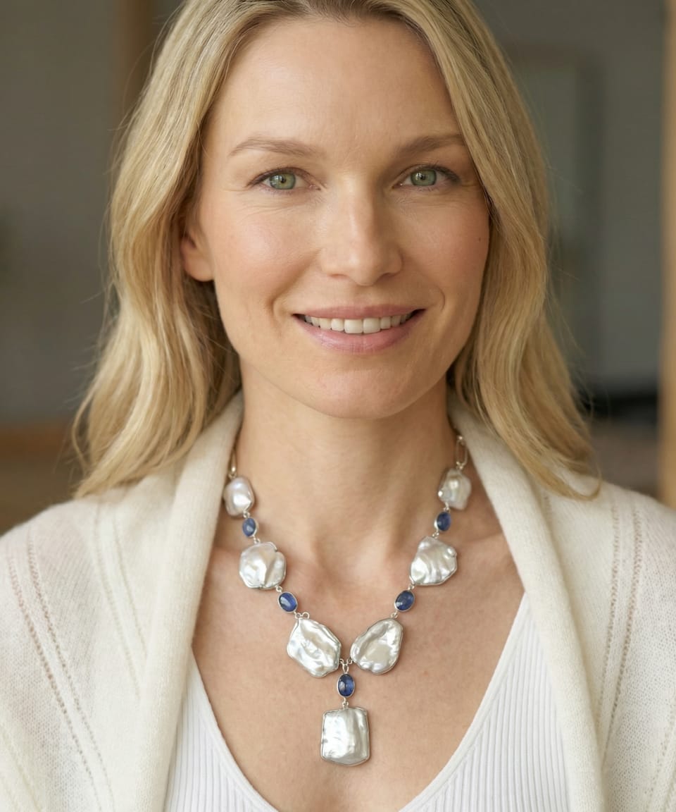 Model wearing the Keshi Pearl & Kyanite Statement Necklace, alternating baroque pearls and blue kyanite cabochons in silver.