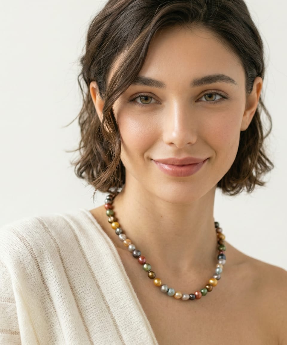 Model wearing the Unur classic multi-coloured baroque pearl necklace, a single strand of small pearls in bronze, gold, olive and grey tones, paired with a cream off-the-shoulder knit top