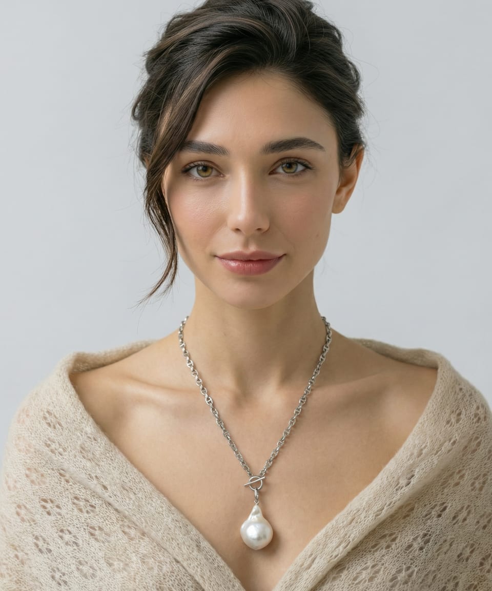 Unur Classic Baroque Pearl Toggle Pendant Necklace displayed on a necklace stand, showing the full silver cable-link chain, the front-facing toggle clasp, and the large baroque freshwater pearl drop suspended from it
