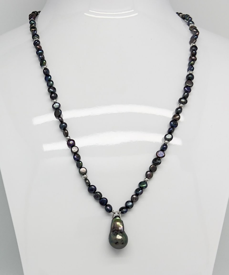 Dark baroque pearl toggle pendant necklace with a delicate pearl chain