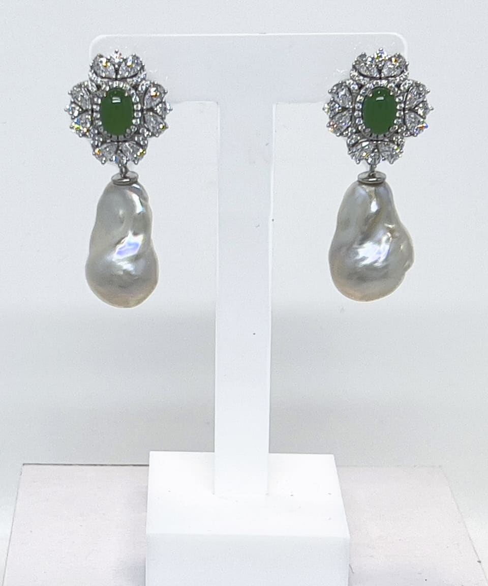 Signature baroque pearl drop earrings with Korean jade crystal stud
