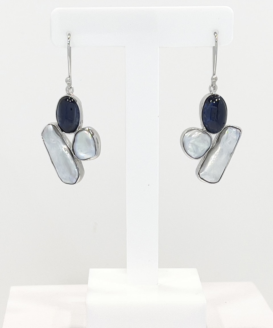 Signature keshi pearl and kyanite drop earrings in silver tiled pattern