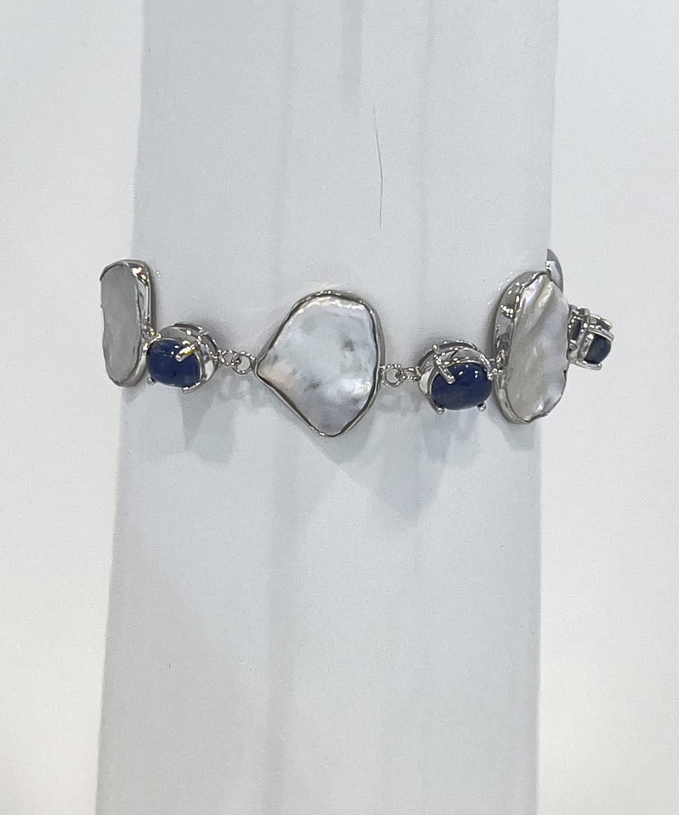 Signature keshi pearl and kyanite statement chain bracelet in rhodium-plated sterling silver
