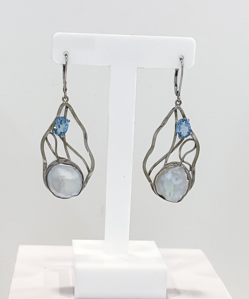 Signature keshi pearl and topaz drop earrings in rhodium-plated sterling silver with a lattice design