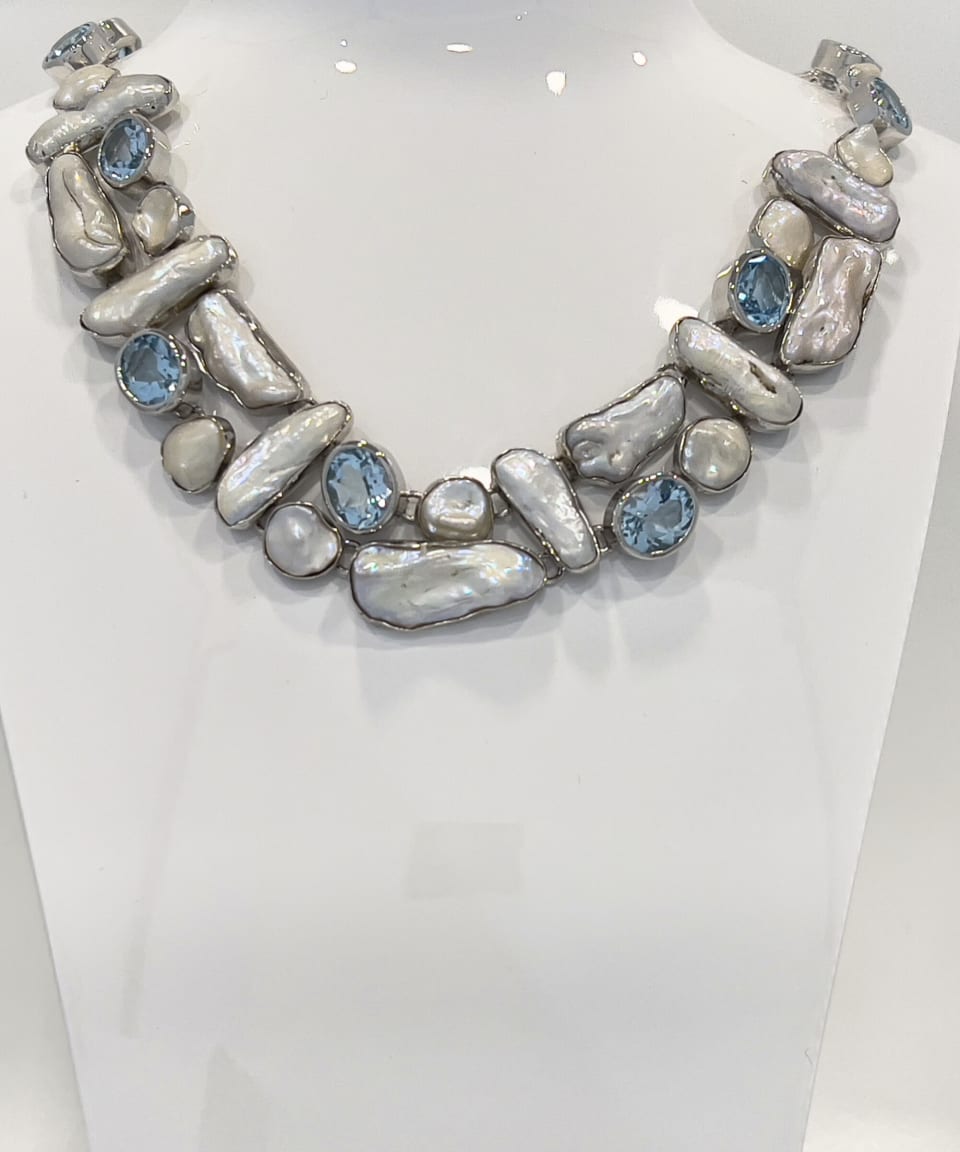 Signature keshi pearl and topaz statement chain necklace in tiled pattern