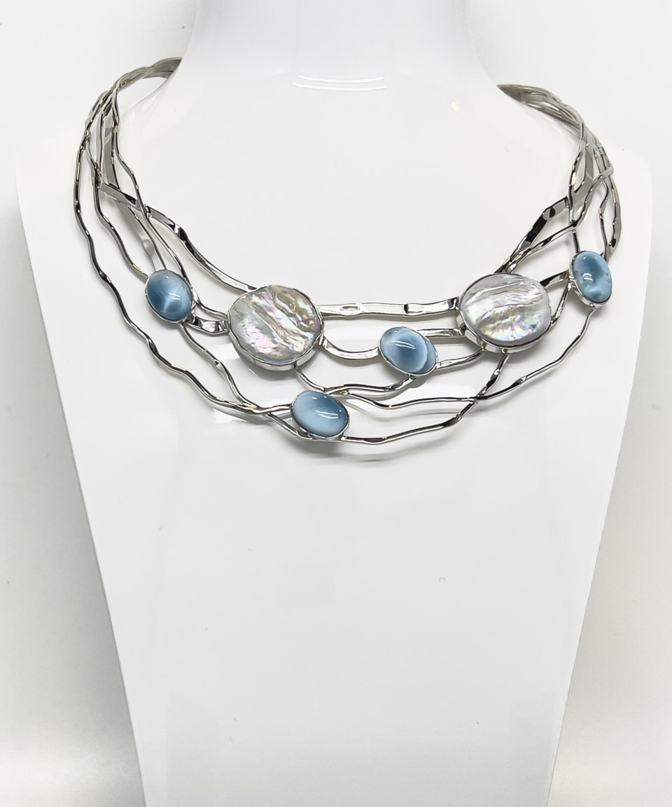 Signature keshi pearl statement collar necklace with larimar silver lattice