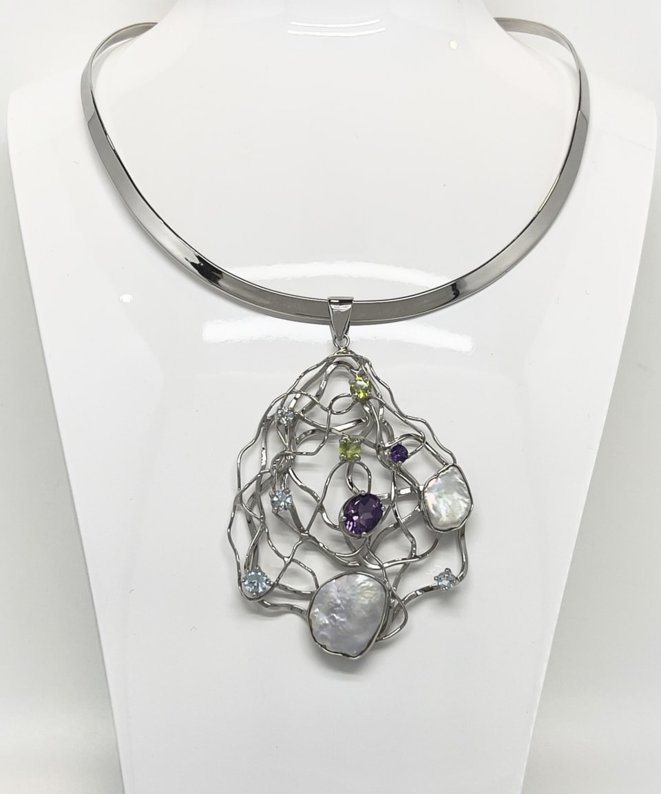 Signature keshi pearl statement collar with silver and gems lattice pendant