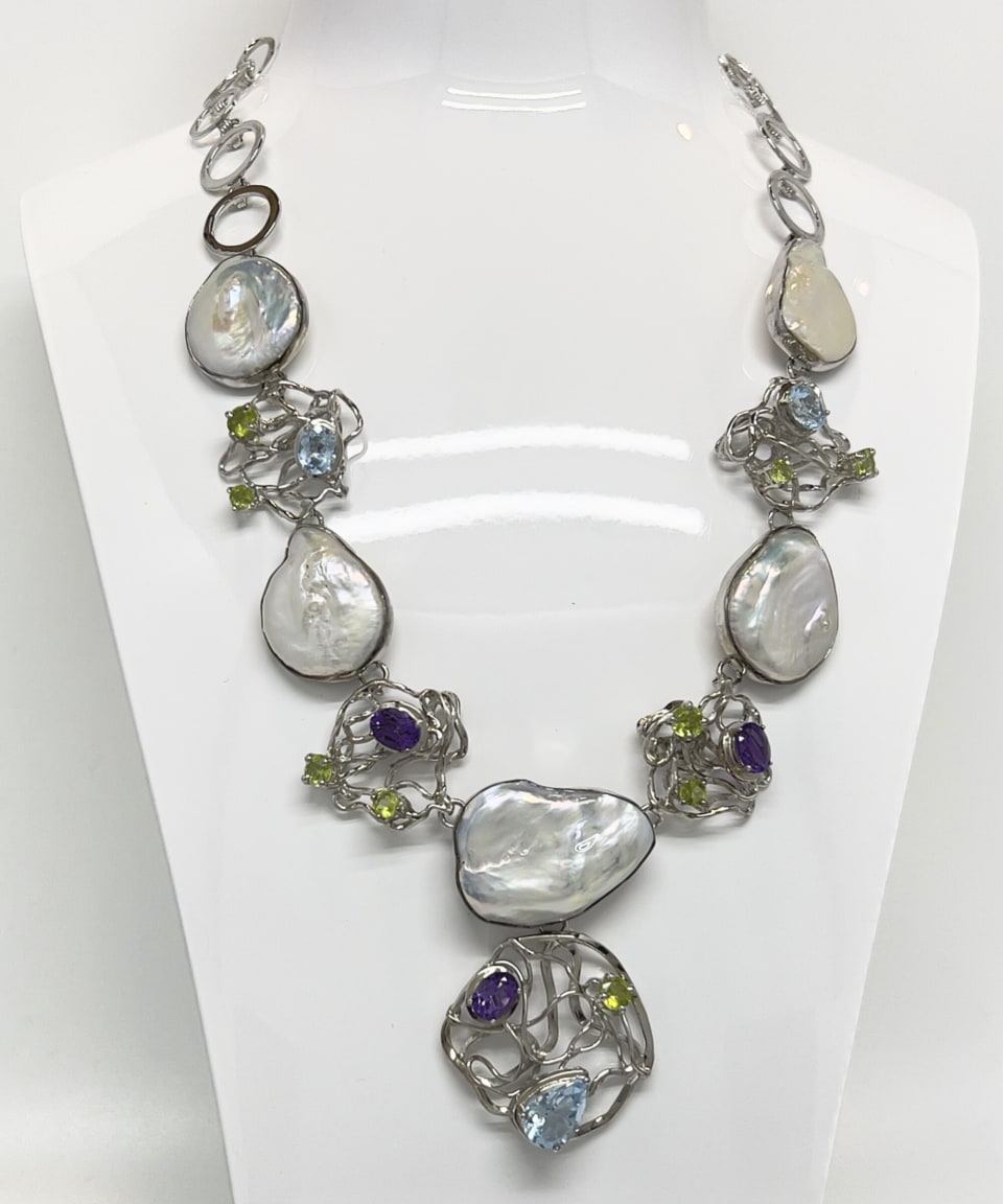 Signature keshi pearl statement pendant necklace with silver lattice and amethyst