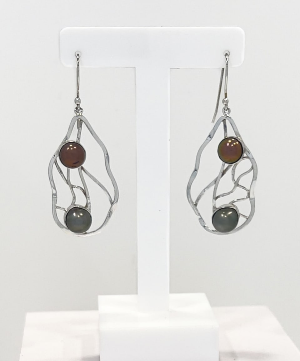 Signature silver lattice drop earrings with two Tahitian pearls
