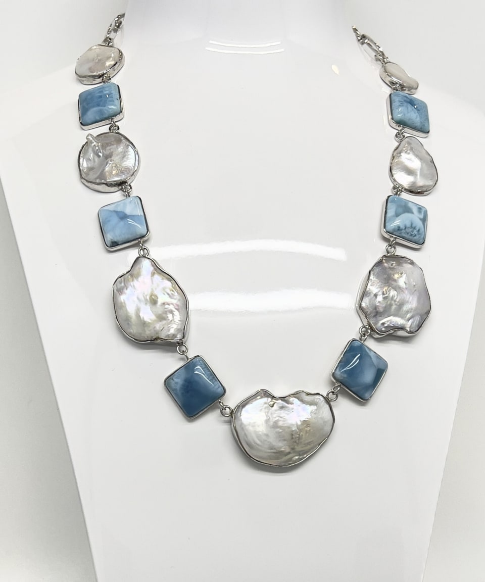 Signature statement chain necklace with keshi pearls and larimar