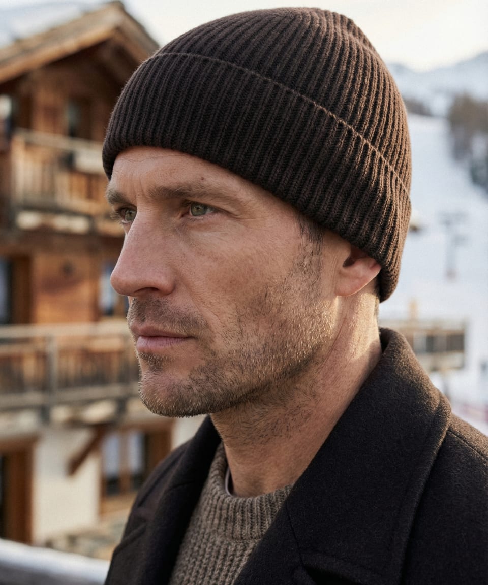 Man wearing dark brown ribbed cashmere hat outdoors, front view
