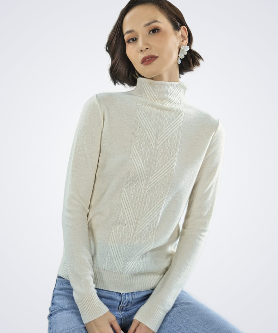 Front view of women's white cashmere high-neck sweater jumper – Unur