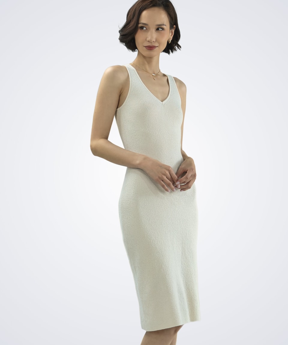Front view of women's white cashmere ribbed dress – Unur