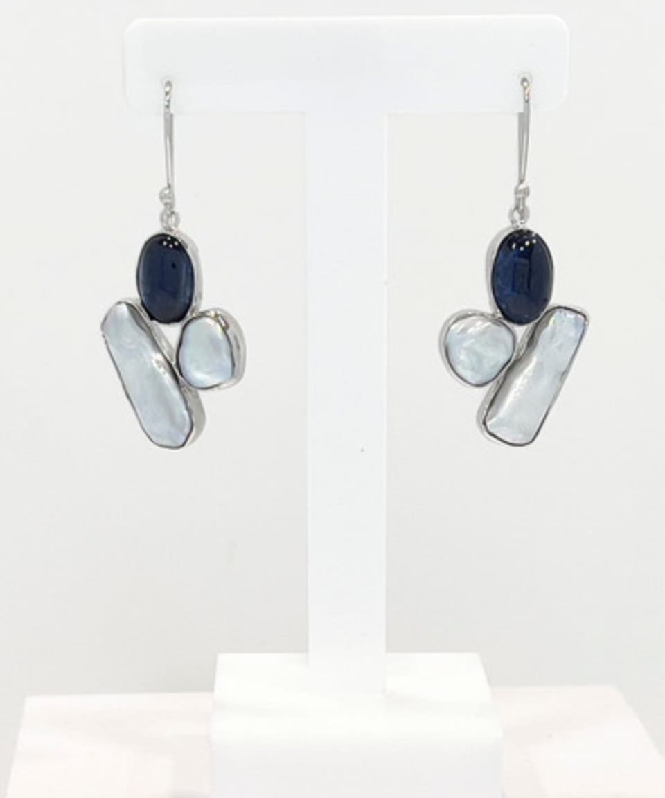Signature keshi pearl and kyanite drop earrings in silver tiled pattern