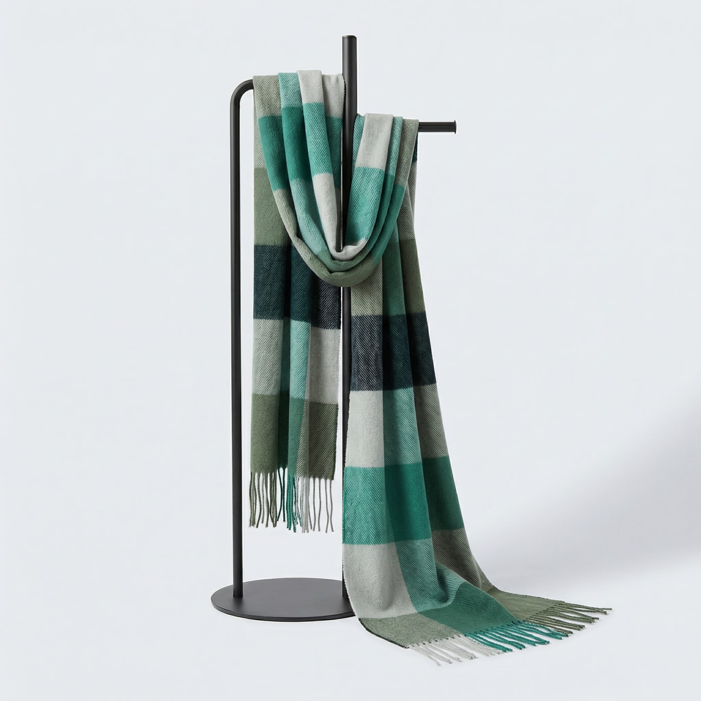Sage, green and cream check cashmere scarf with tasselled ends, draped over a stand
