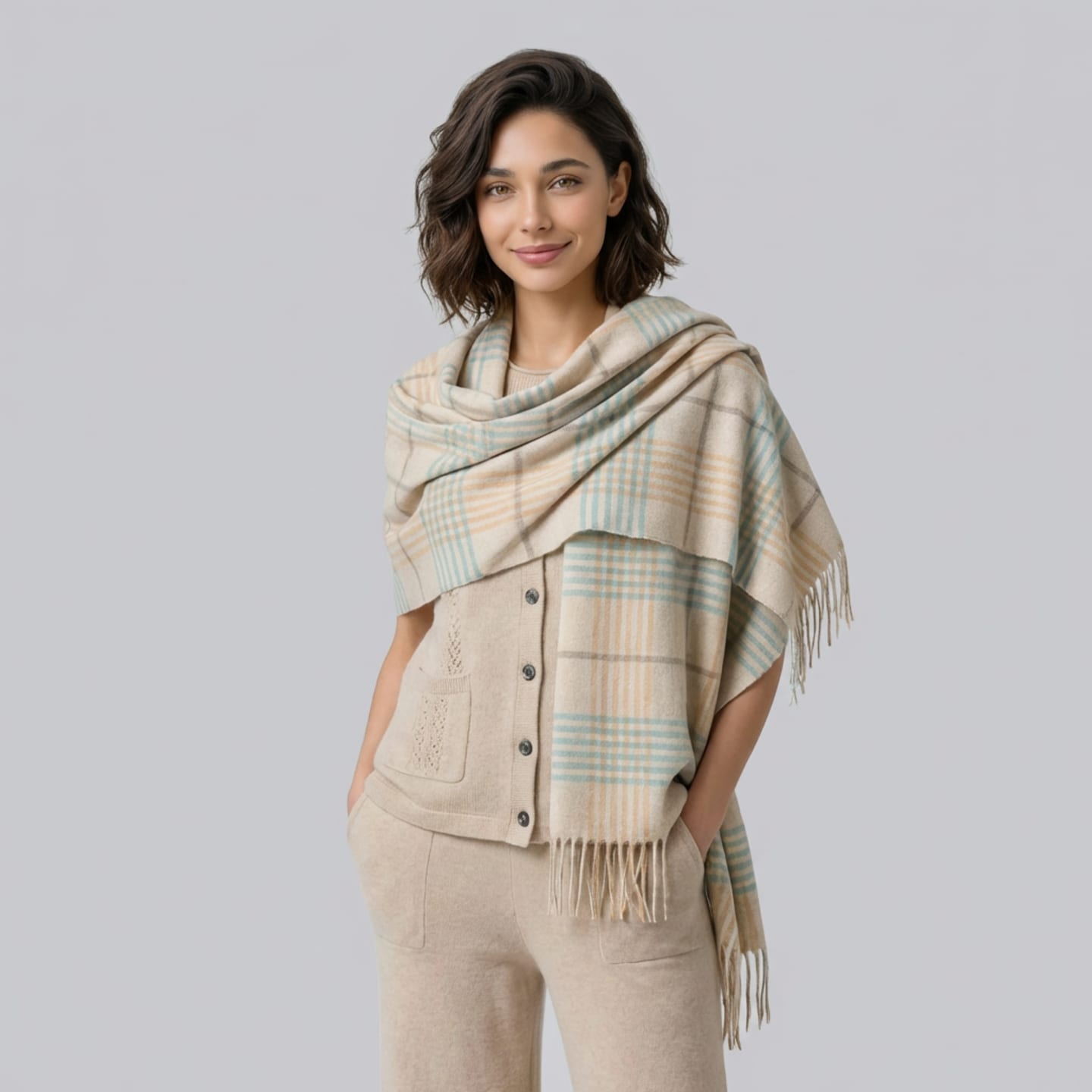 Unur women's cashmere plaid wrap shawl in tartan pattern with tasselled edges