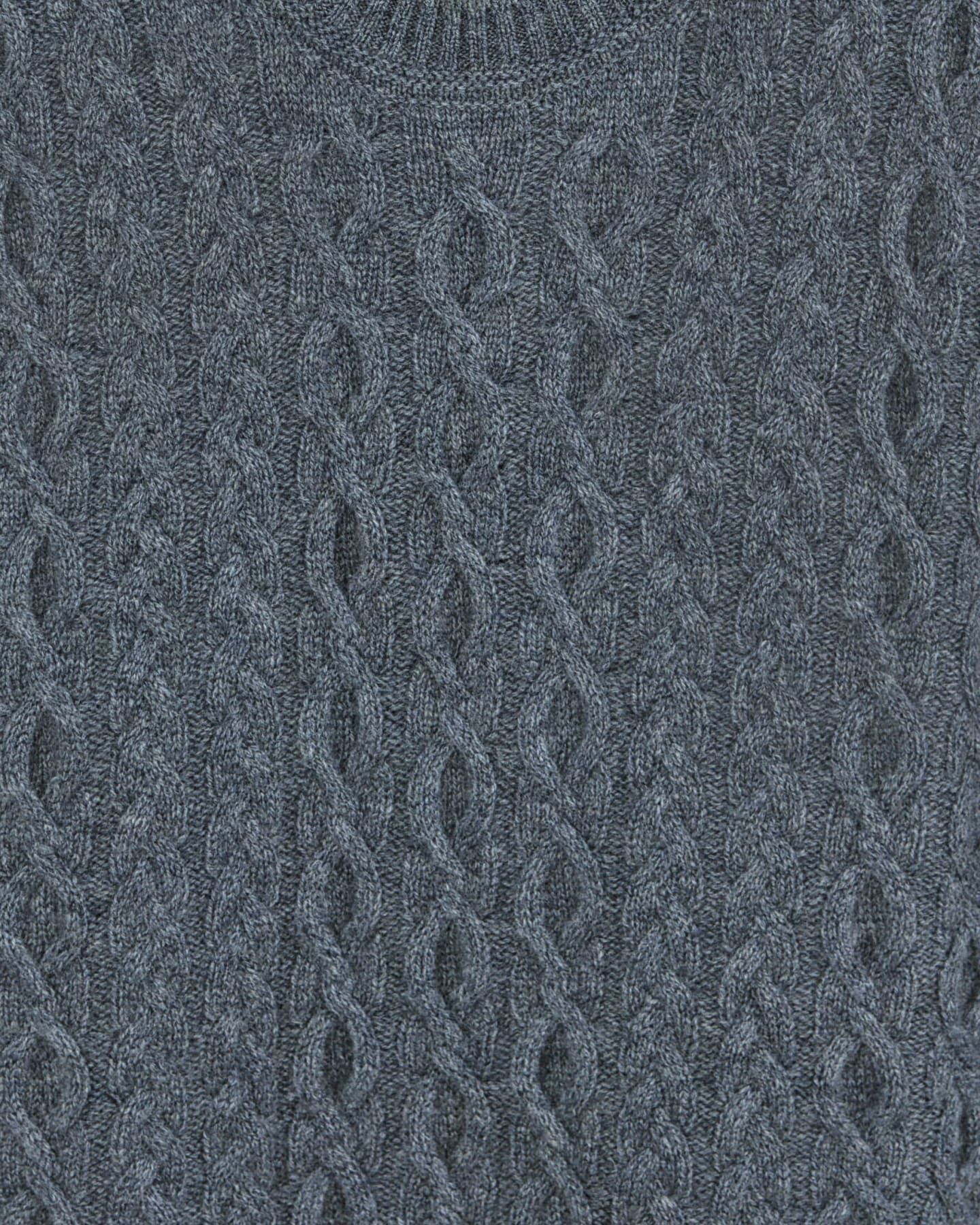Close up of a cashmere cable jumper in grey