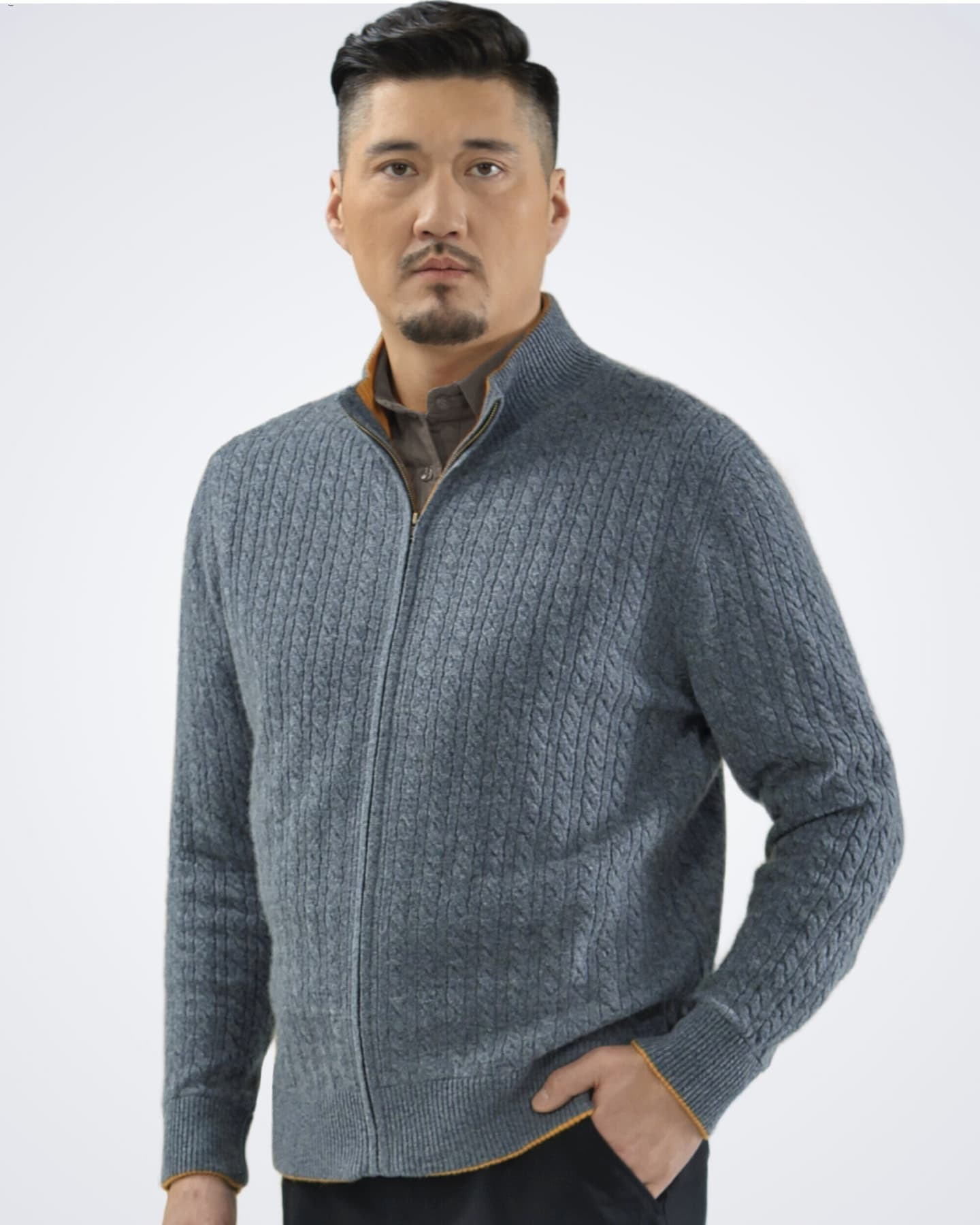 Man wearing a luxury grey cashmere cable knit cardigan, front view