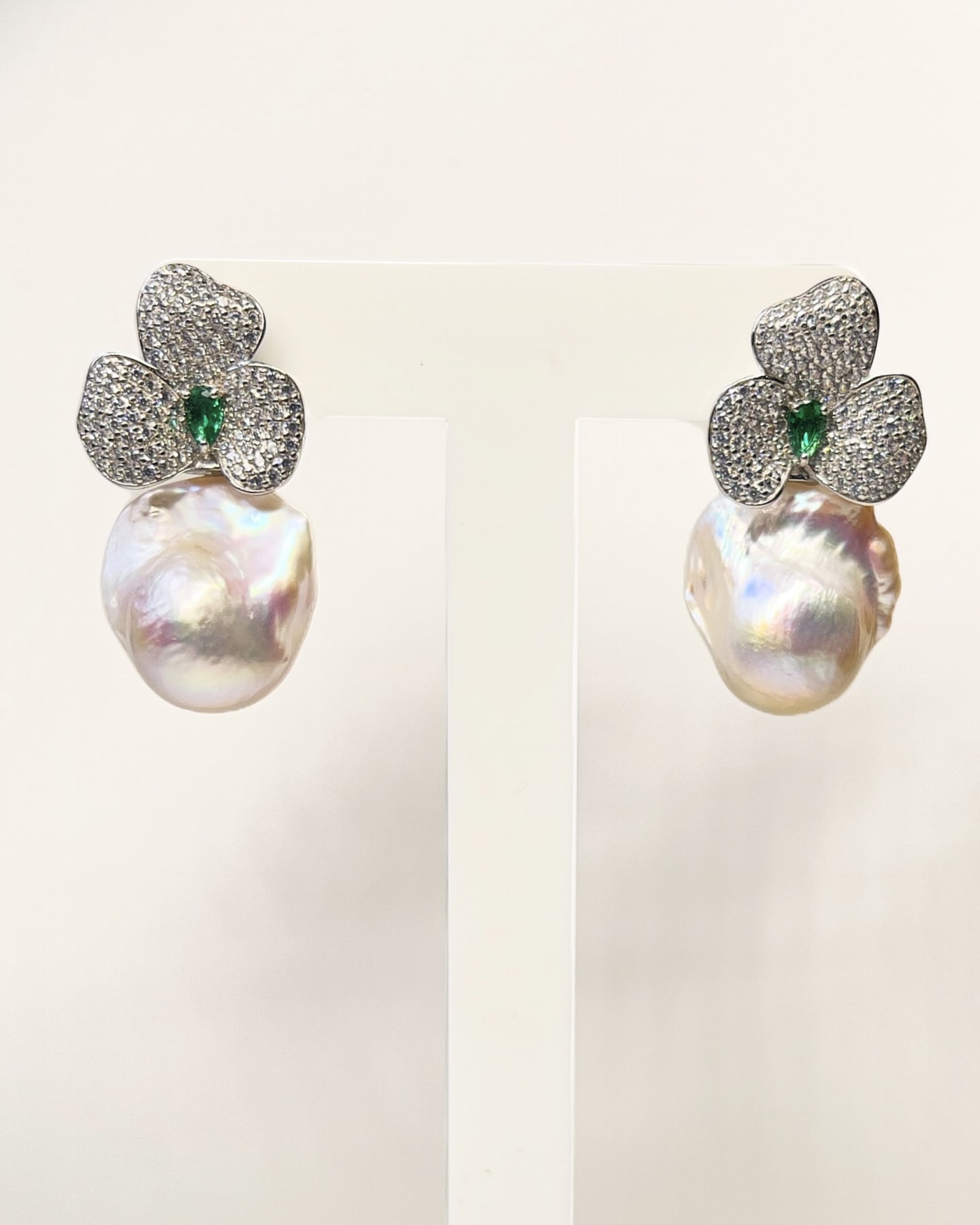 Unur Signature baroque pearl and green jade drop earrings with crystal leaf studs