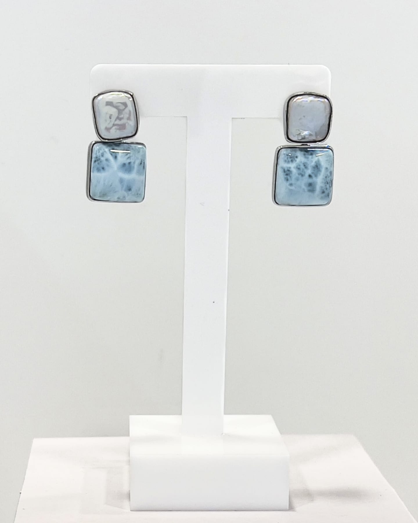 Signature square keshi pearl stud earrings with larimar drop