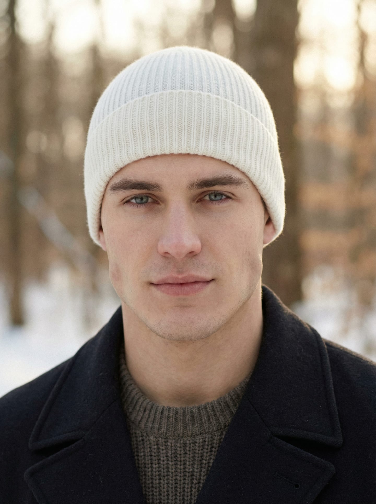 Man outdoors wearing white ribbed cashmere hat, front view