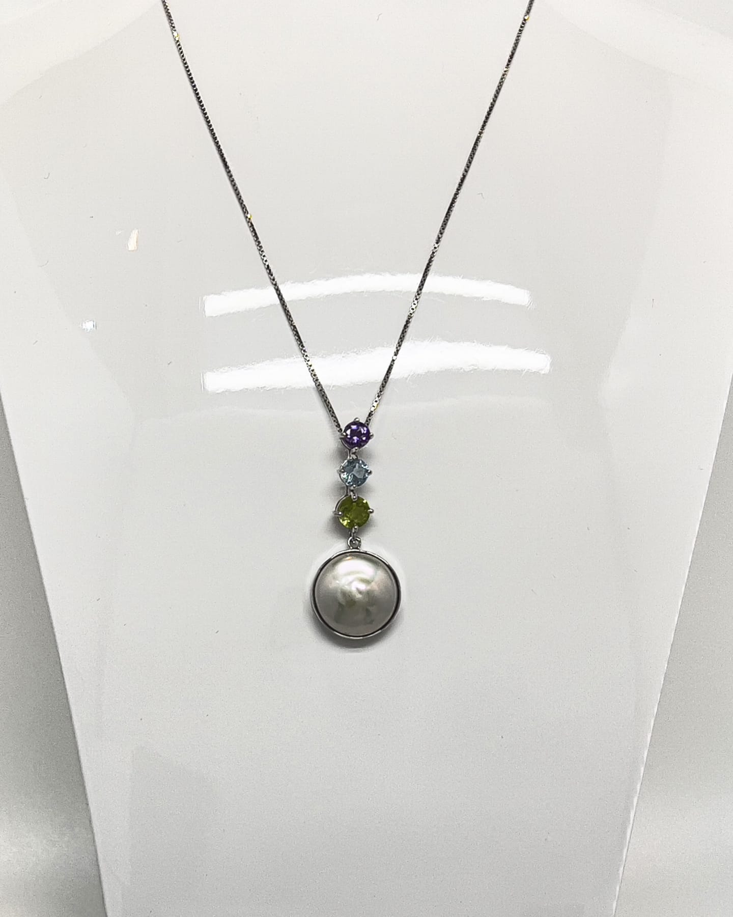 Classic keshi pearl statement chain necklace with amethyst and topaz