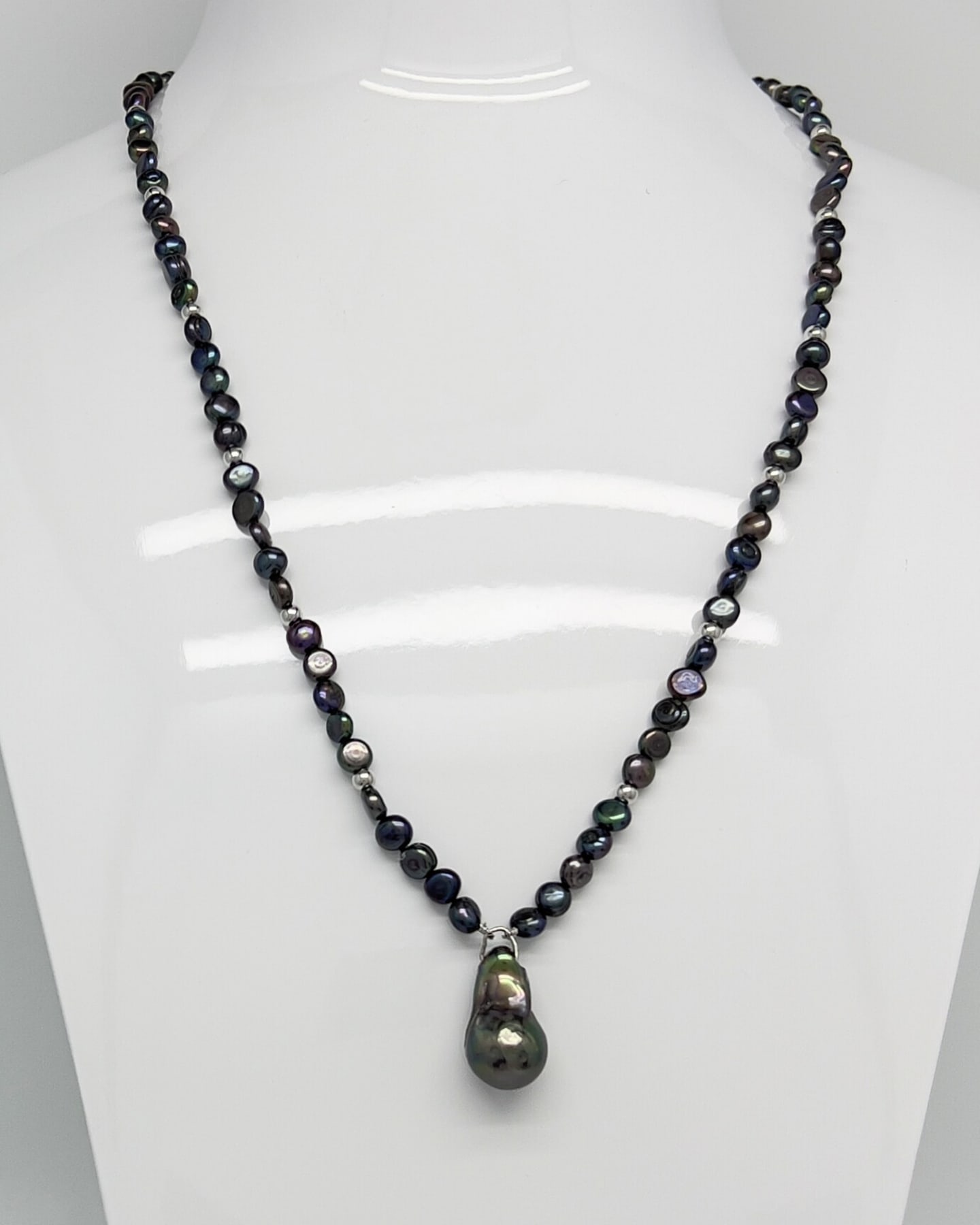 Dark baroque pearl toggle pendant necklace with a delicate pearl chain